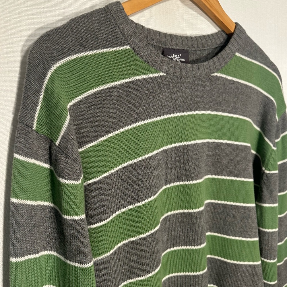 L.O.G.G. by H&M Green and Gray Striped 100% Cotton Crewneck Sweater Size XL